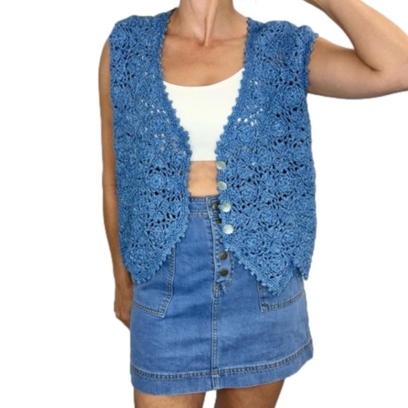 Sweaters - Hand made blue crochet rosette boxy knit sweater vest